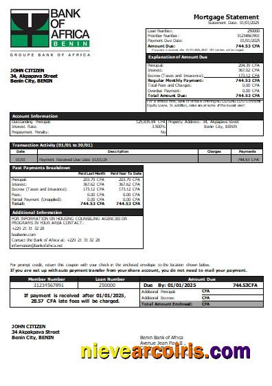 Benin Bank of Africa bank mortgage statement